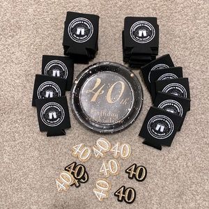 40th birthday party supplies banner Plates, drink Koozis, & 40 decorations
